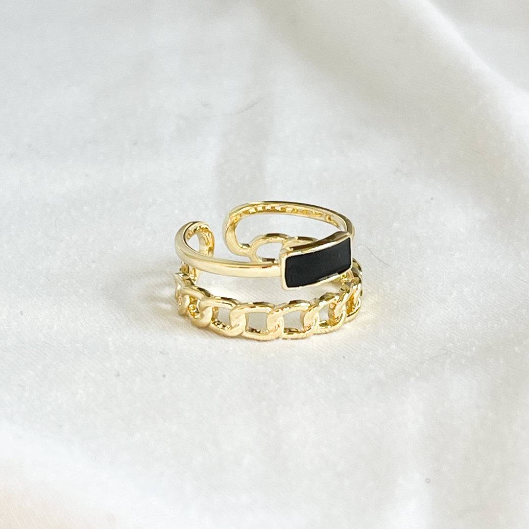 Gold Double Open Ring with Black Stone